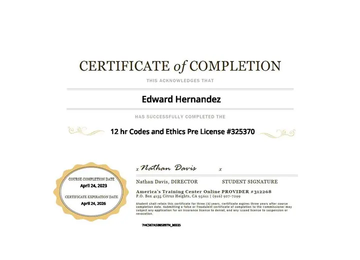 12-Hour Codes and Ethics Pre-License certificate issued to Edward Hernandez