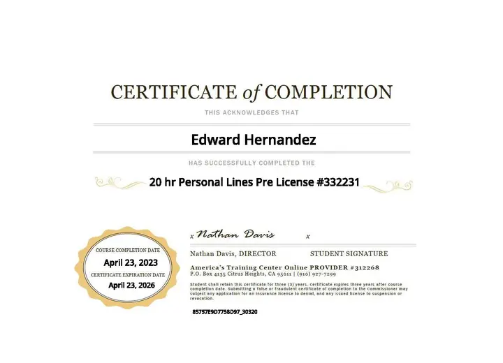 20-Hour Personal Lines Pre-License certificate issued to Edward Hernandez