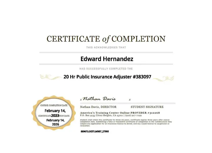 20-Hour Public Insurance Adjuster certificate issued to Edward Hernandez