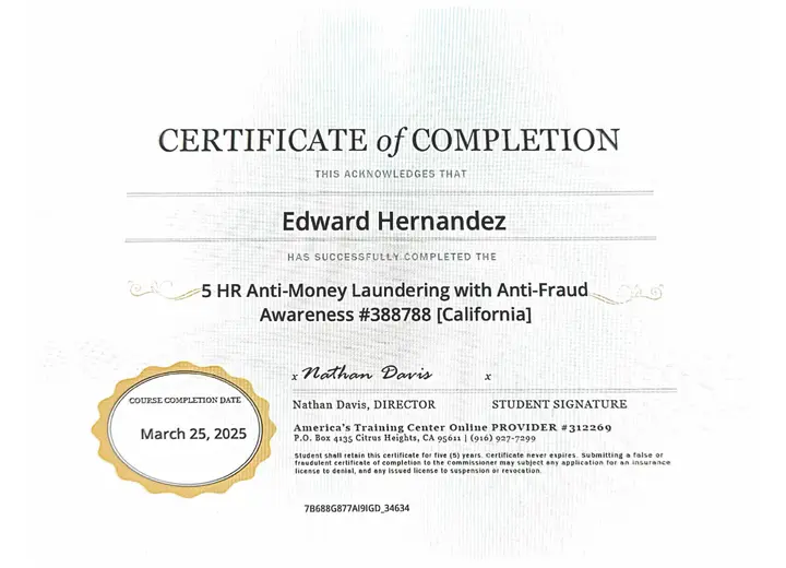 Anti-Money Laundering with Anti-Fraud Awareness certificate issued to Edward Hernandez