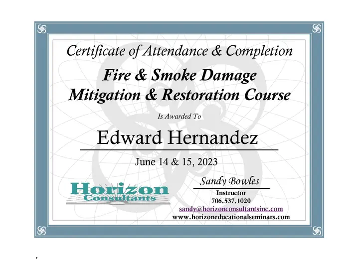 Fire & Smoke Damage Mitigation and Restoration certificate issued to Edward Hernandez