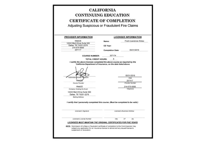 Adjusting Suspicious or Fraudulent Fire Claims certificate issued to Frank Arbiso