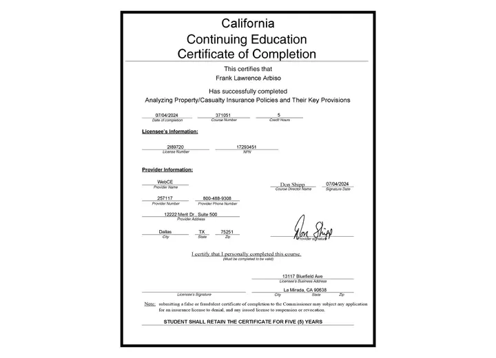 Analyzing Property/Casualty Insurance Policies certificate issued to Frank Arbiso