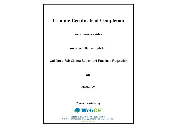 California Fair Claims Settlement Practices certificate issued to Frank Arbiso