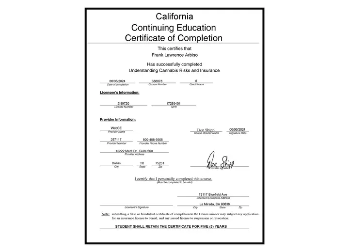 Understanding Cannabis Risks and Insurance certificate issued to Frank Arbiso