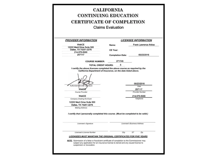 Claims Evaluation certificate issued to Frank Arbiso