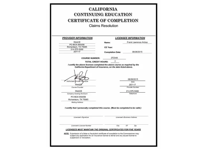 Claims Resolution certificate issued to Frank Arbiso