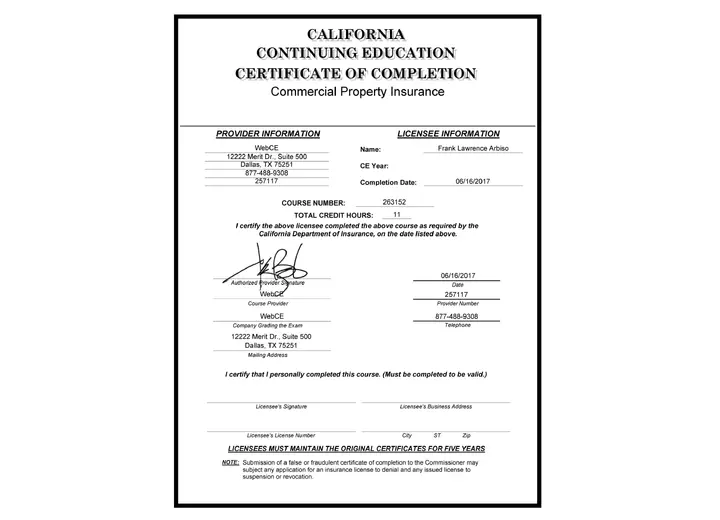 Commercial Property Insurance certificate issued to Frank Arbiso