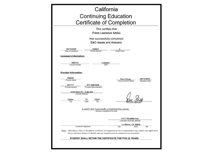 E&O Issues and Answers certificate issued to Frank Arbiso