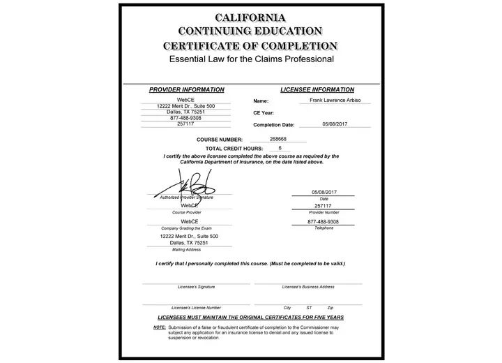 Essential Law for the Claims Professional certificate issued to Frank Arbiso