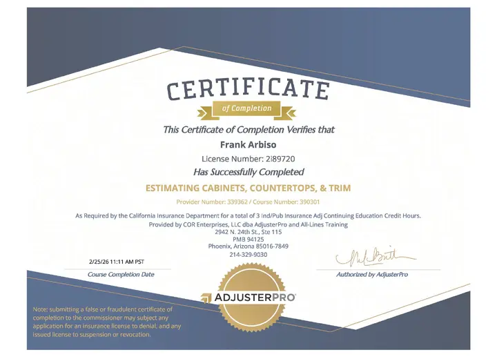 Estimating Cabinets, Countertops & Trim certificate issued to Frank Arbiso