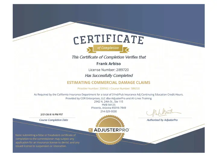 Estimating Commercial Damage Claims certificate issued to Frank Arbiso