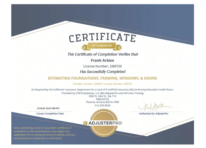 Estimating Foundations, Framing, Windows & Doors certificate issued to Frank Arbiso