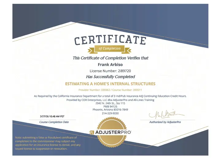 Estimating a Home’s Internal Structures certificate issued to Frank Arbiso