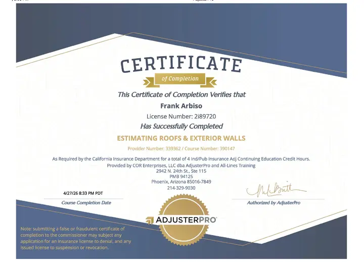 Estimating Roofs & Exterior Walls certificate issued to Frank Arbiso