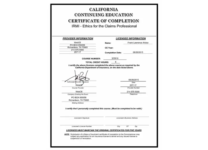 Ethics for the Claims Professional certificate issued to Frank Arbiso