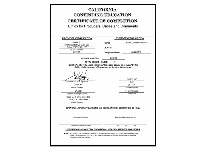 Ethics for Producers: Cases and Comments certificate issued to Frank Arbiso