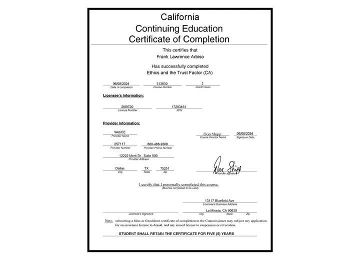 Ethics and the Trust Factor — California certificate issued to Frank Arbiso