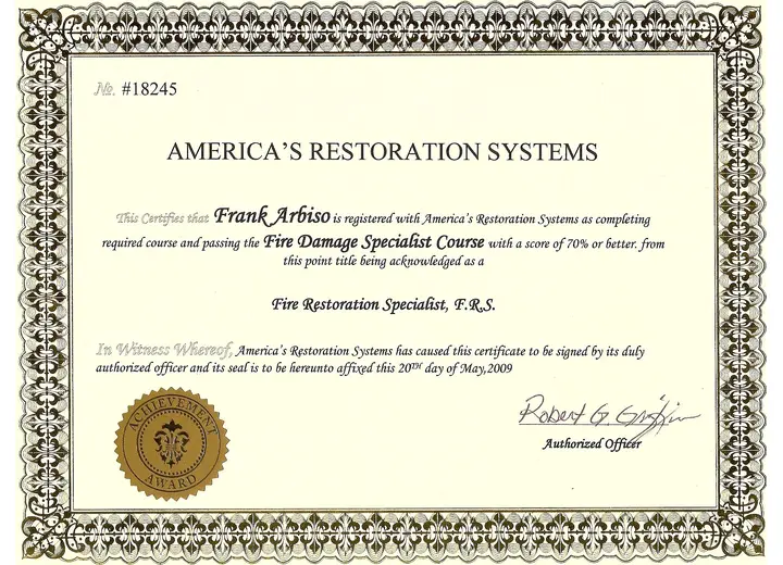 Fire Restoration Specialist certificate issued to Frank Arbiso