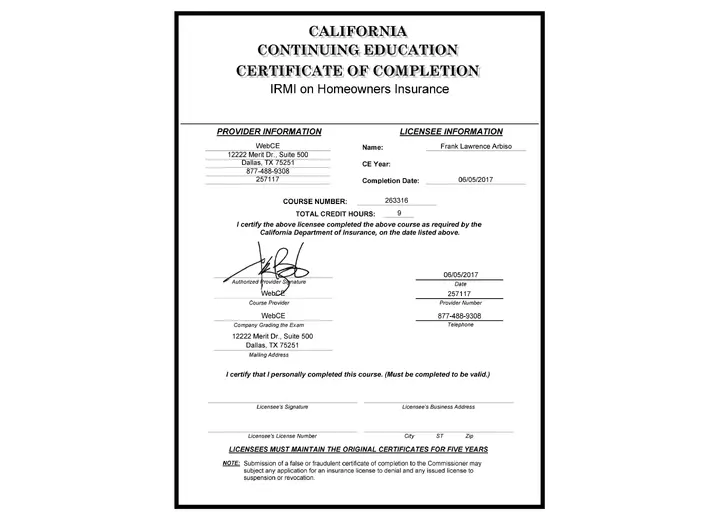 Homeowners Insurance certificate issued to Frank Arbiso