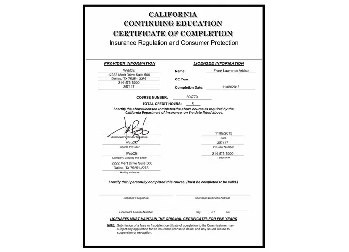 Insurance Regulation and Consumer Protection certificate issued to Frank Arbiso