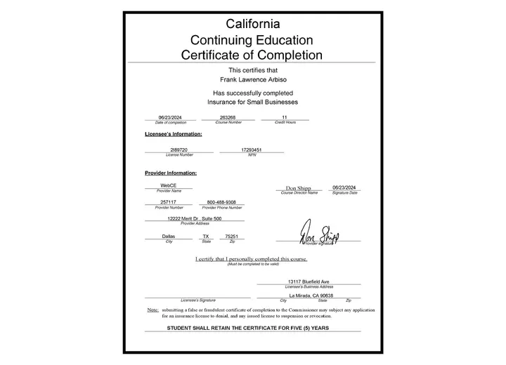 Insurance for Small Businesses certificate issued to Frank Arbiso