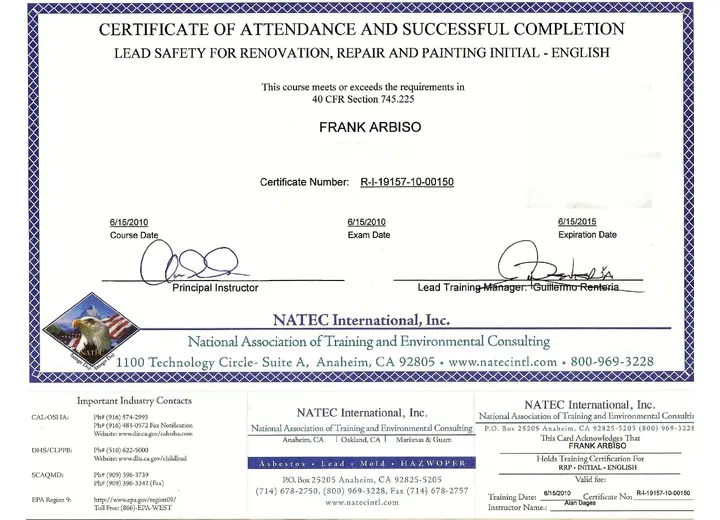 Lead Safety for Renovation certificate issued to Frank Arbiso
