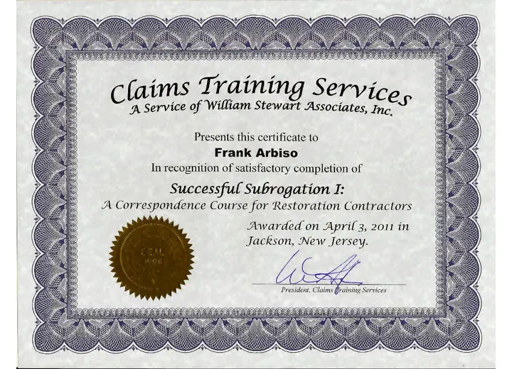 Subrogation Certification certificate issued to Frank Arbiso