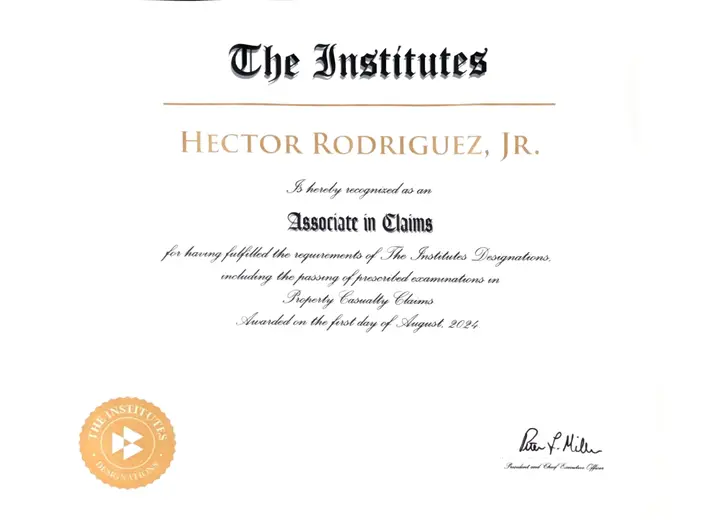 Associate in Claims Designation certificate issued to Hector Rodriguez