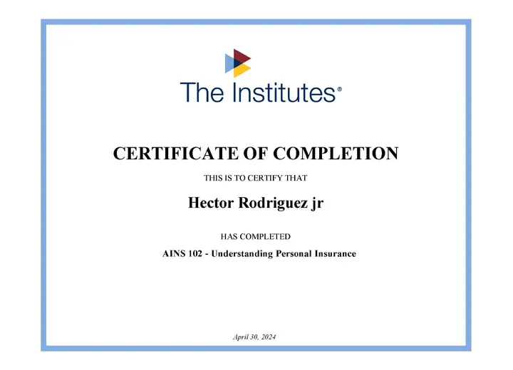 AINS 102: Understanding Personal Insurance certificate issued to Hector Rodriguez