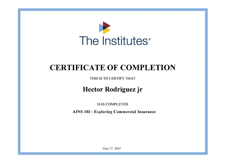AINS 103: Exploring Commercial Insurance certificate issued to Hector Rodriguez