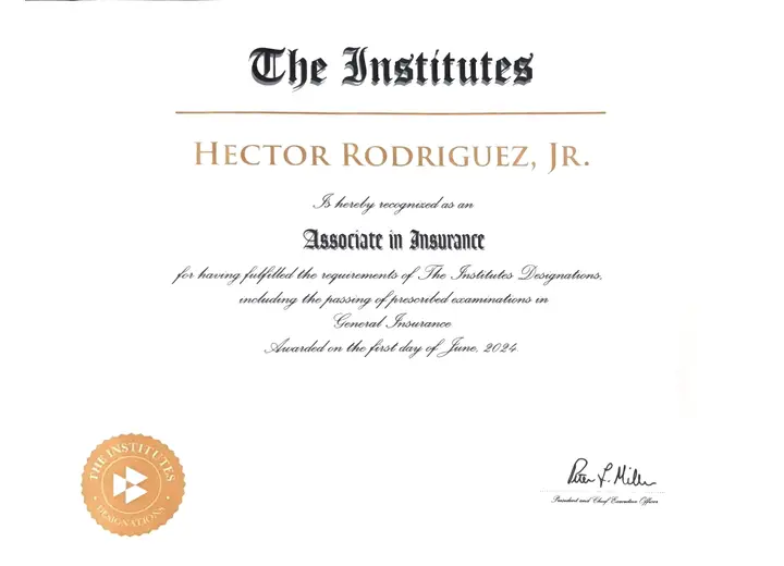 Associate in Insurance Designation certificate issued to Hector Rodriguez