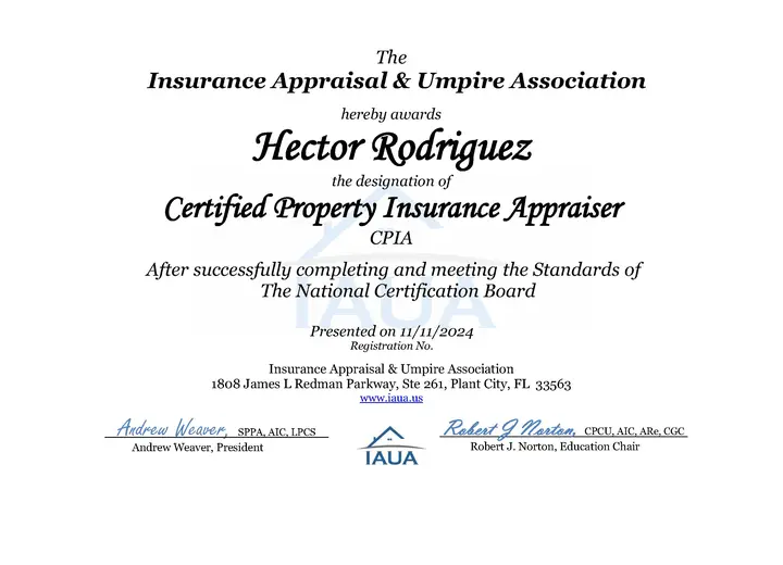 Certified Property Insurance Appraiser certificate issued to Hector Rodriguez