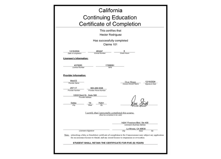 Claims 101 certificate issued to Hector Rodriguez