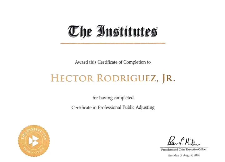 Certificate in Professional Public Adjusting certificate issued to Hector Rodriguez