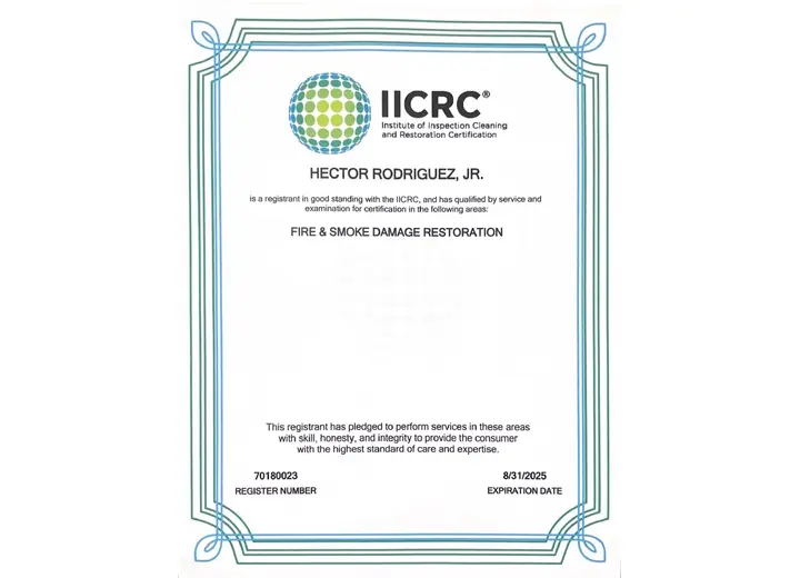 IICRC Fire & Smoke Damage Restoration certificate issued to Hector Rodriguez