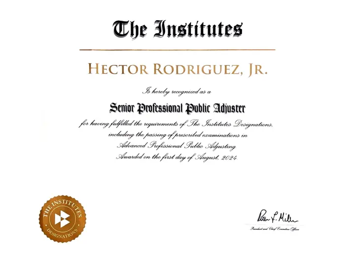 Senior Professional Public Adjuster Designation certificate issued to Hector Rodriguez