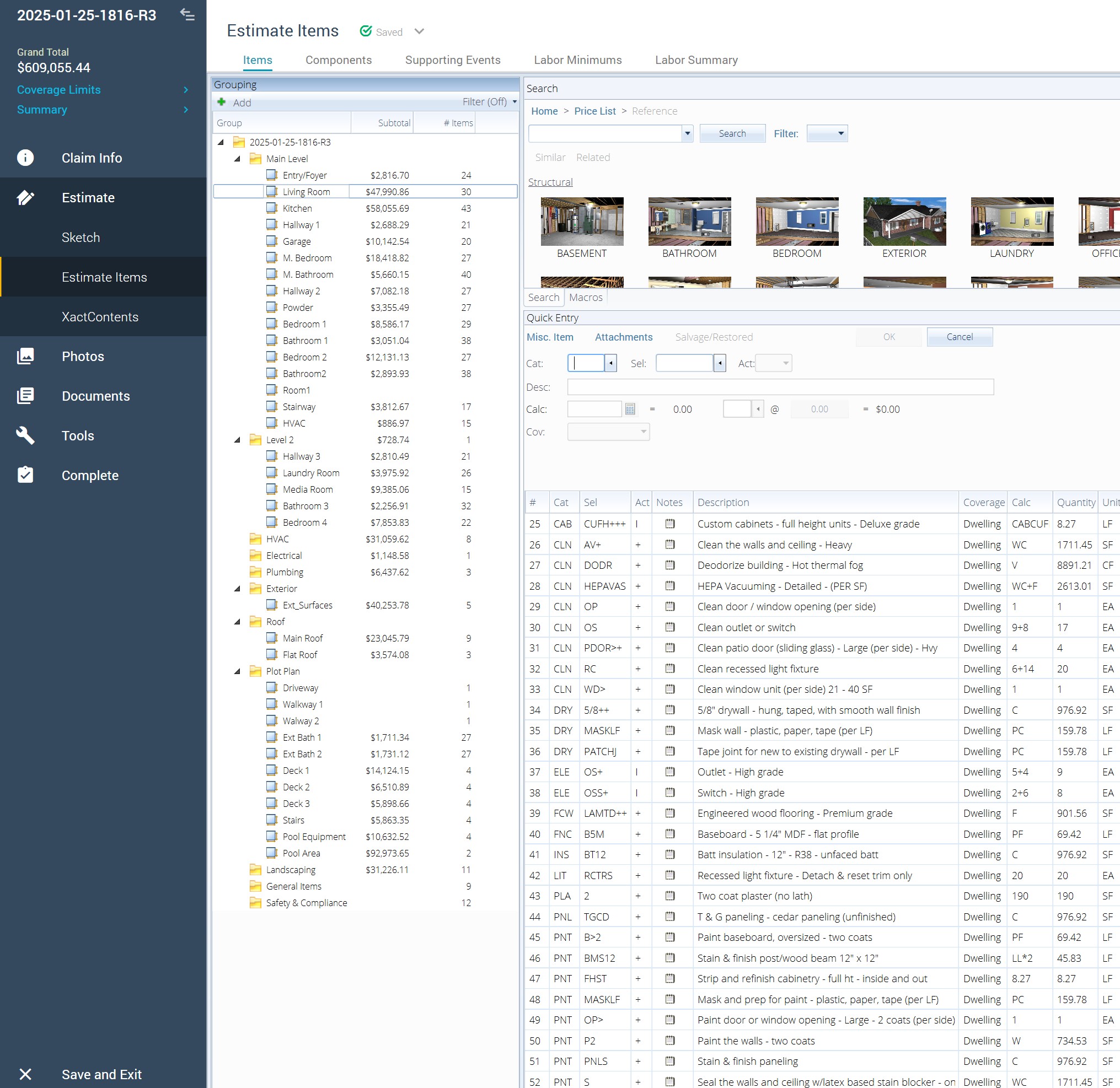 Xactimate estimate showing room-by-room repair items and pricing